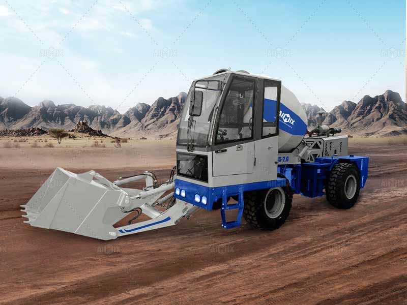 Self loading cement concrete mixer truck on site