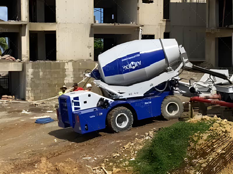 self loading concrete mixer working on-site