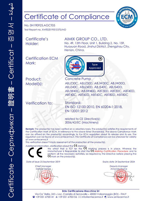 CE of AIMIX small concrete pump machine