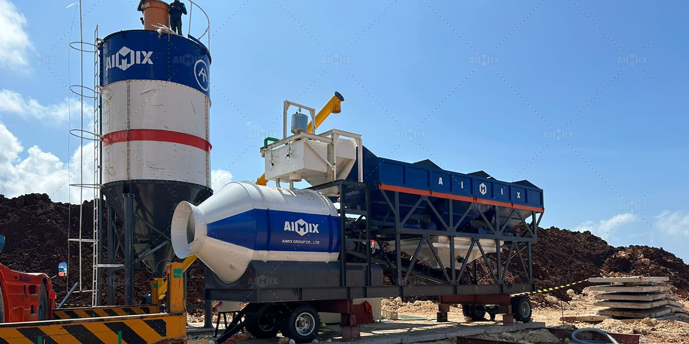AJZY50 mobile concrete batching plant for warehouse construction in Bali