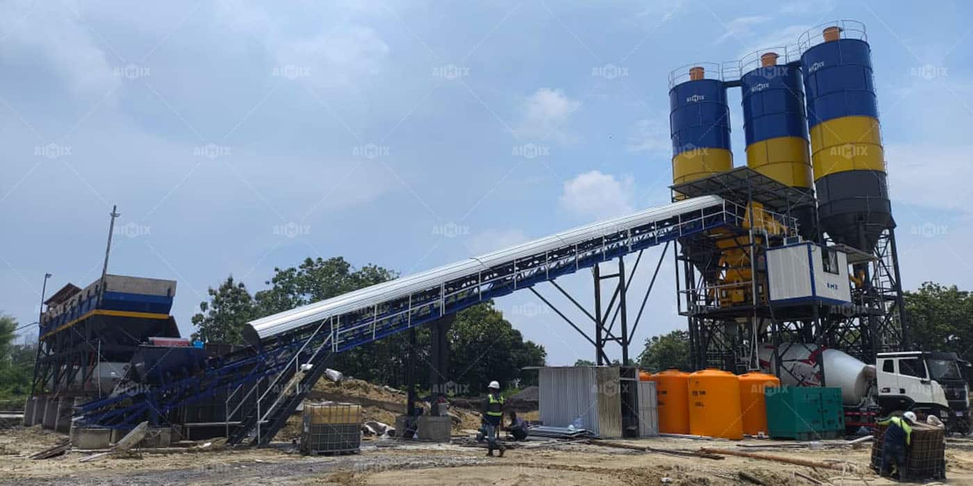 60cbm concrete batching plant was put into use for factory building in Lamongan, Indonesia