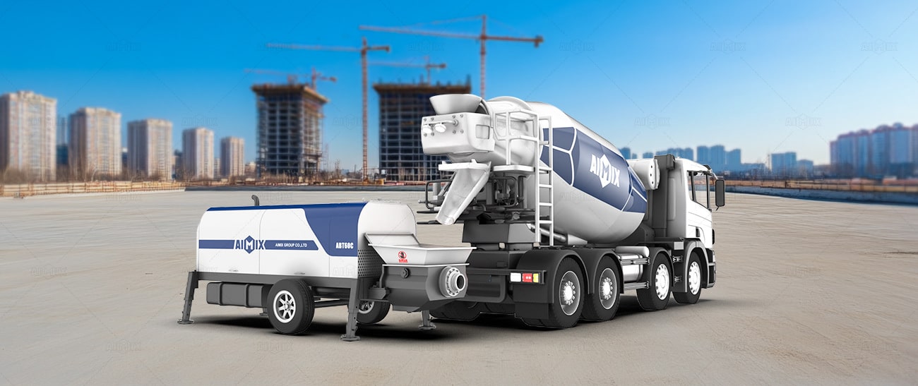 trailer type stationary concrete pump with concrete mixer truck in Indonesia