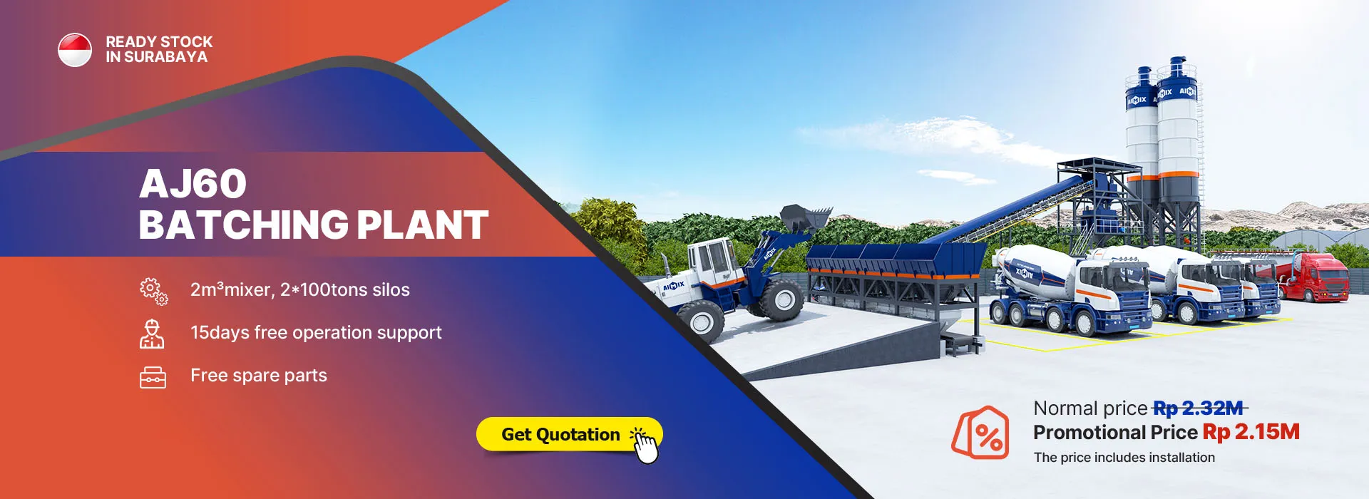 Promosi pabrik batch beton 60m³ tersedia di Indonesia untuk dijual