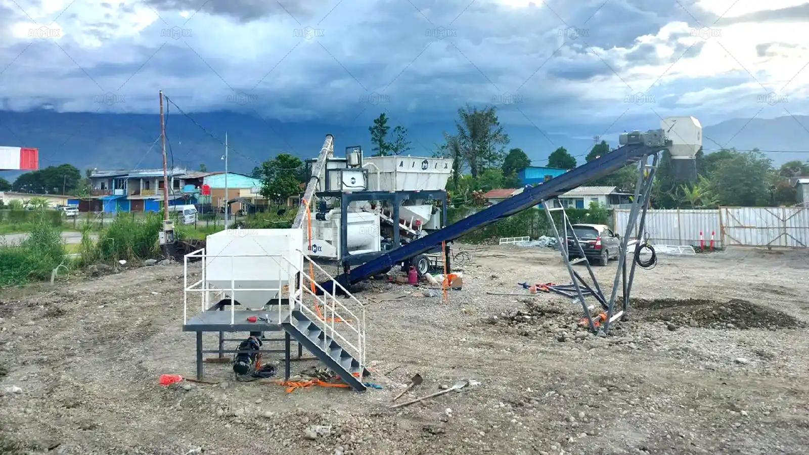AJSY40 Mobile Compact Concrete Batching Plant for Rural House Construction in Jayapura, Indonesia