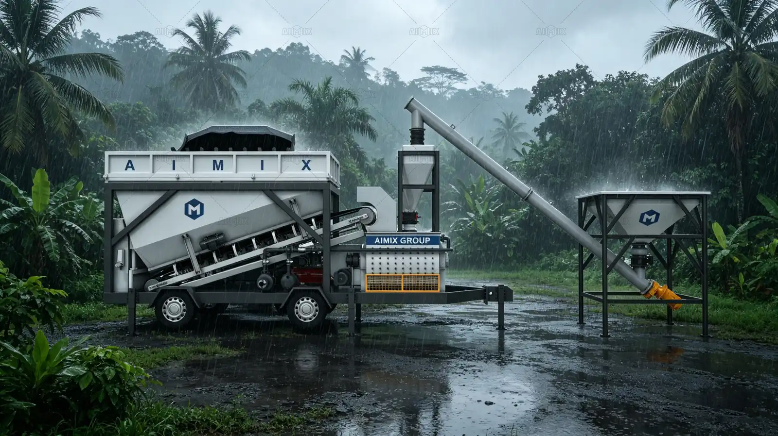 compact small concrete batching plant mobile in rainy environmental atmosphere in Indonesia