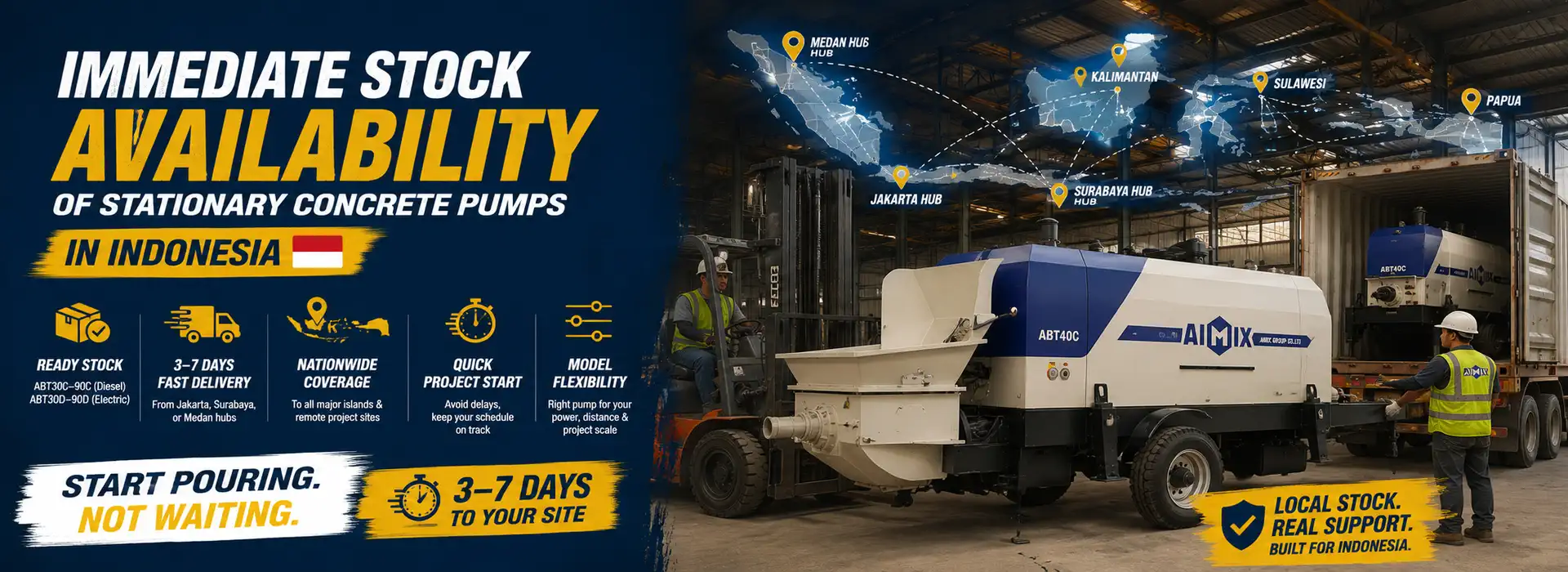 Immediate stock availability of stationary concrete pump in Indonesia