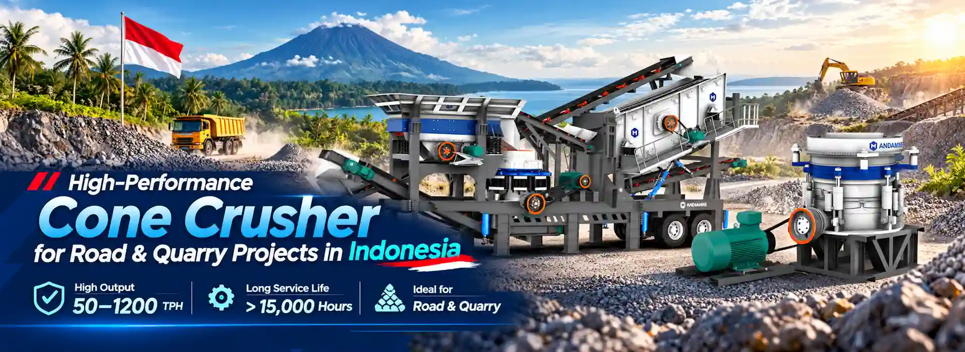 ANDAMINE cone crusher for road and quarry projects in Indonesia